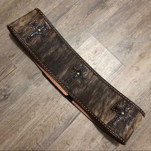 Brown Leather Cross Accent Wide Waist Belt